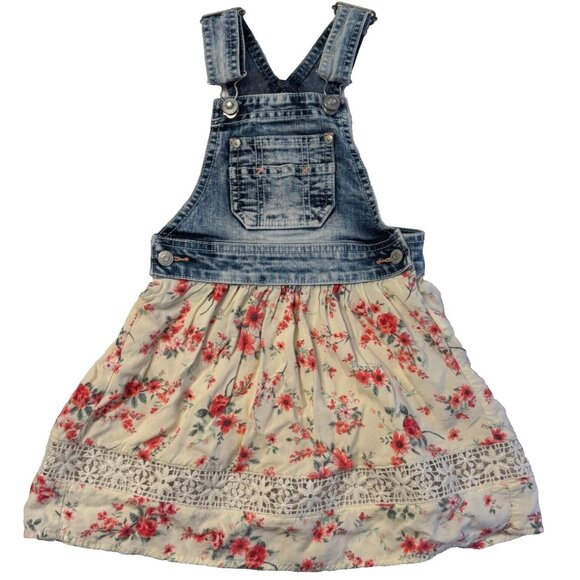 Jordache Acid Wash Denim Floral Jumper Lace Pink Flowers Vintage Size 4 5 XS - Picture 2 of 11